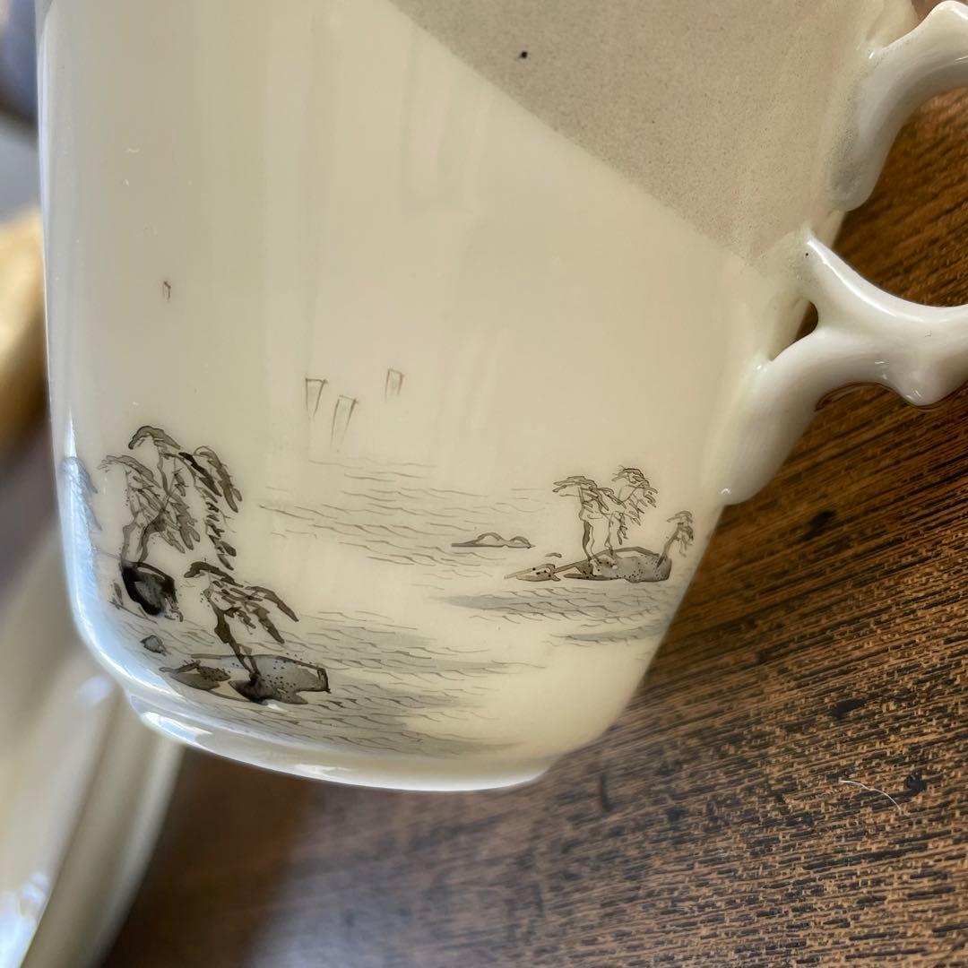 横浜焼 井村製 明治時代 輸出手 アンティーク カップ＆ソーサー 1客  冬の海