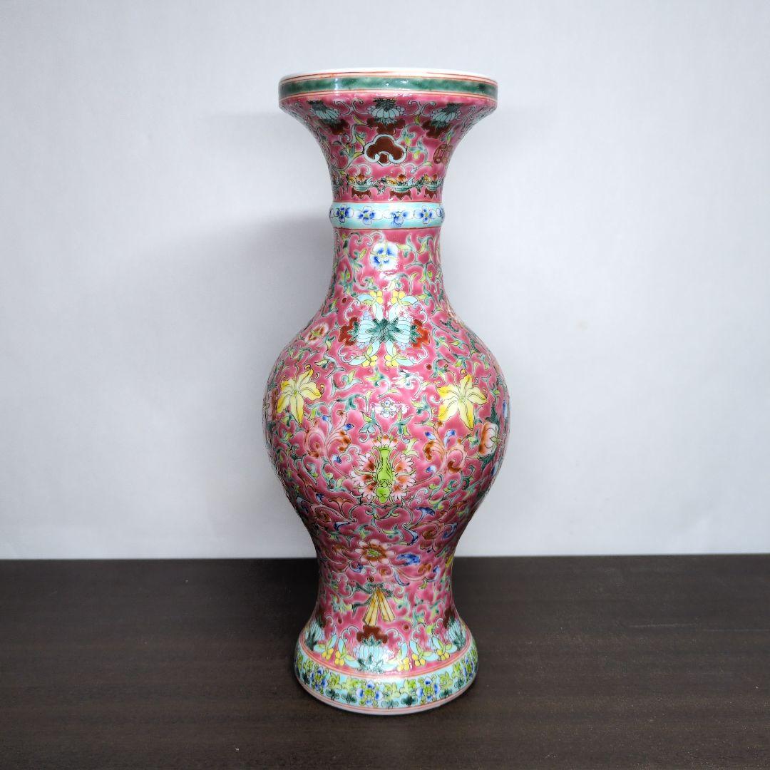 大清光緒年製 款 五彩 花唐草文 瓶 高さ約29cm