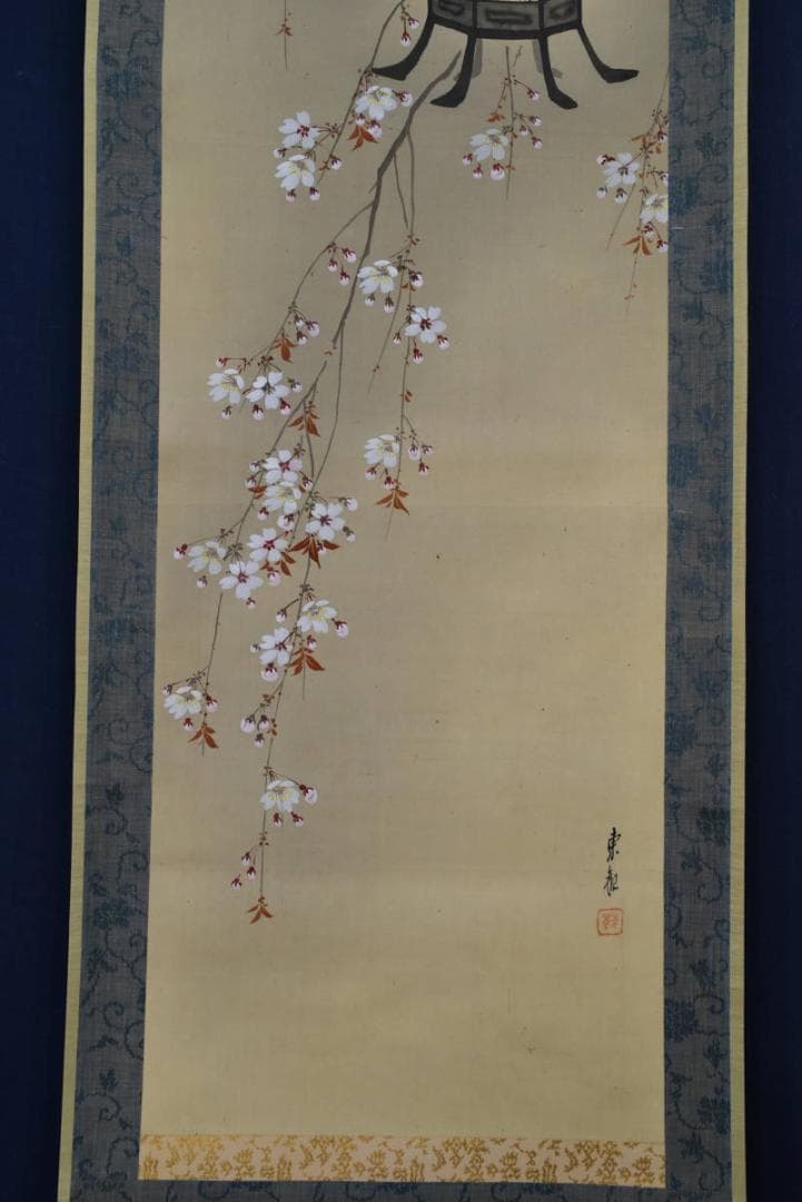 【真作】大沢東観 /大澤/夜桜図/吊灯篭/桜花図/掛軸/名家伝来/AA-558