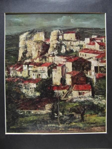 浮田　克躬、丘稜と古い村23、超希少画集画、新品額装付