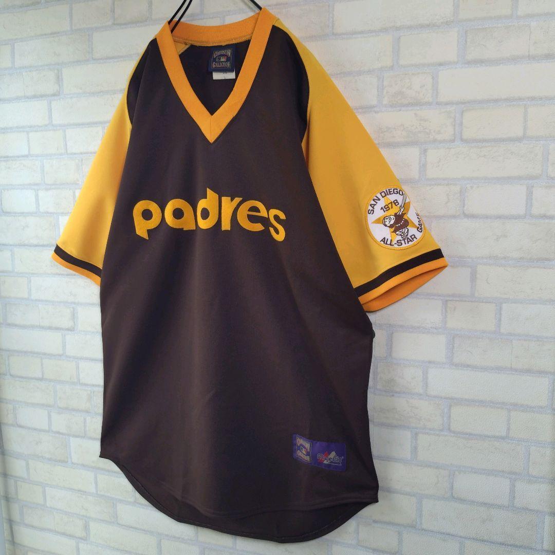 MLB★USA製 人気 パドレス 刺繍ロゴ ワッペン付 ゲームシャツ 茶 L