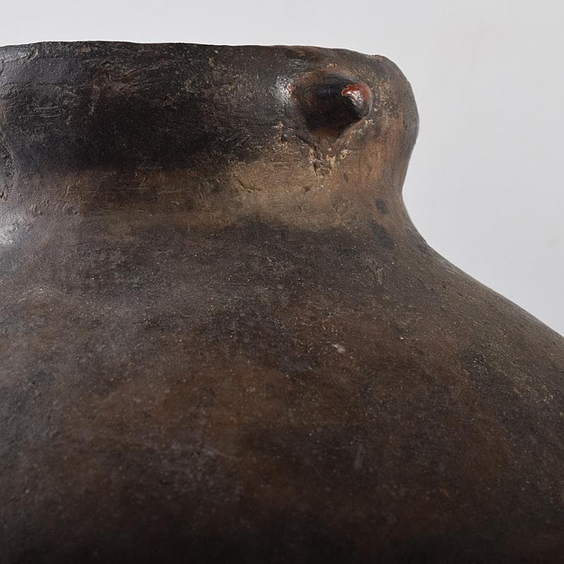 弥生式土器　黒釉　双耳丸瓶　壷　時代箱付　V　R8584B