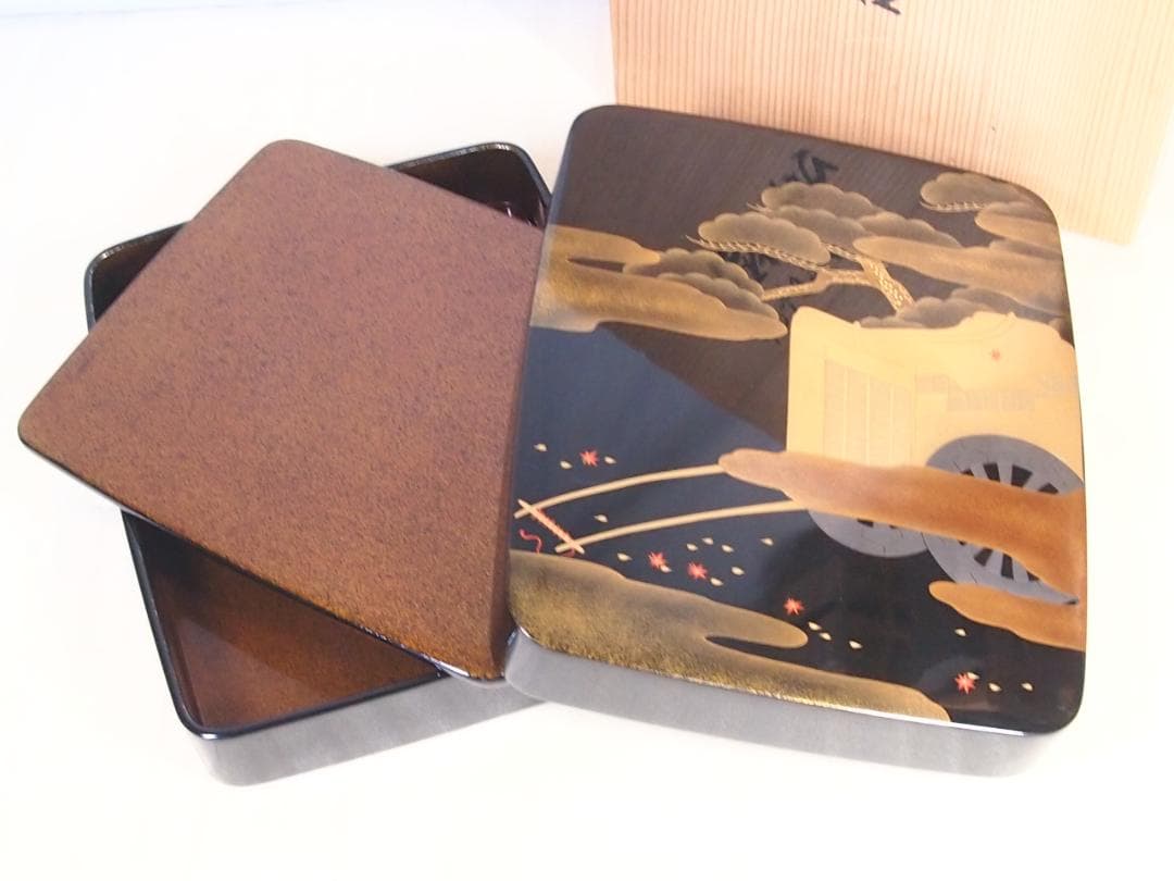 【美品】輪島塗 御所車蒔絵 硯箱 梨地 硯筥/文箱/レターケース/筆入れ 書道具