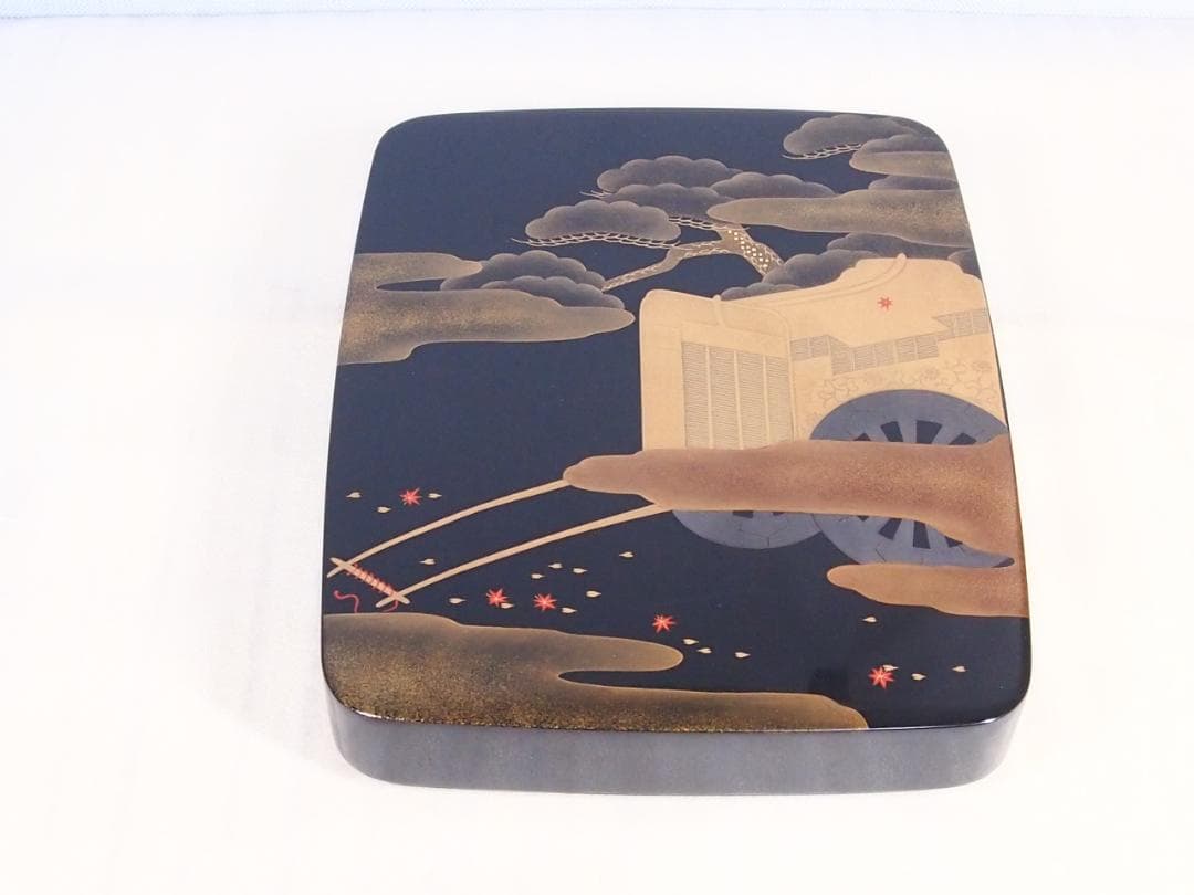 【美品】輪島塗 御所車蒔絵 硯箱 梨地 硯筥/文箱/レターケース/筆入れ 書道具