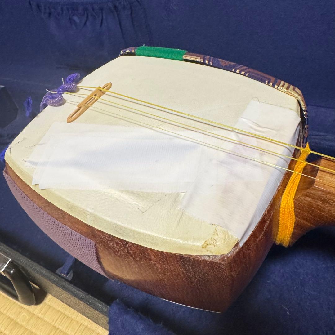 三味線　撥　ケース　3点セット　中棹　花梨　東さわり　破れ有り　初心者　入門