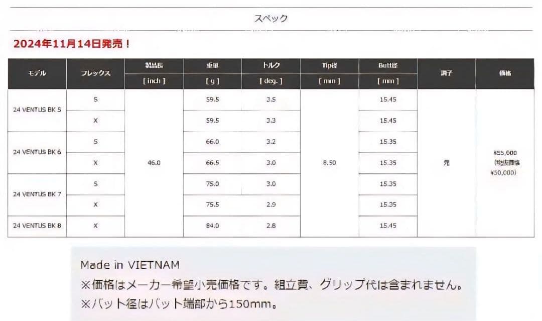 新品未使用★フジクラ 24ベンタスブラック 5S コブラスリーブ付　ベロコア