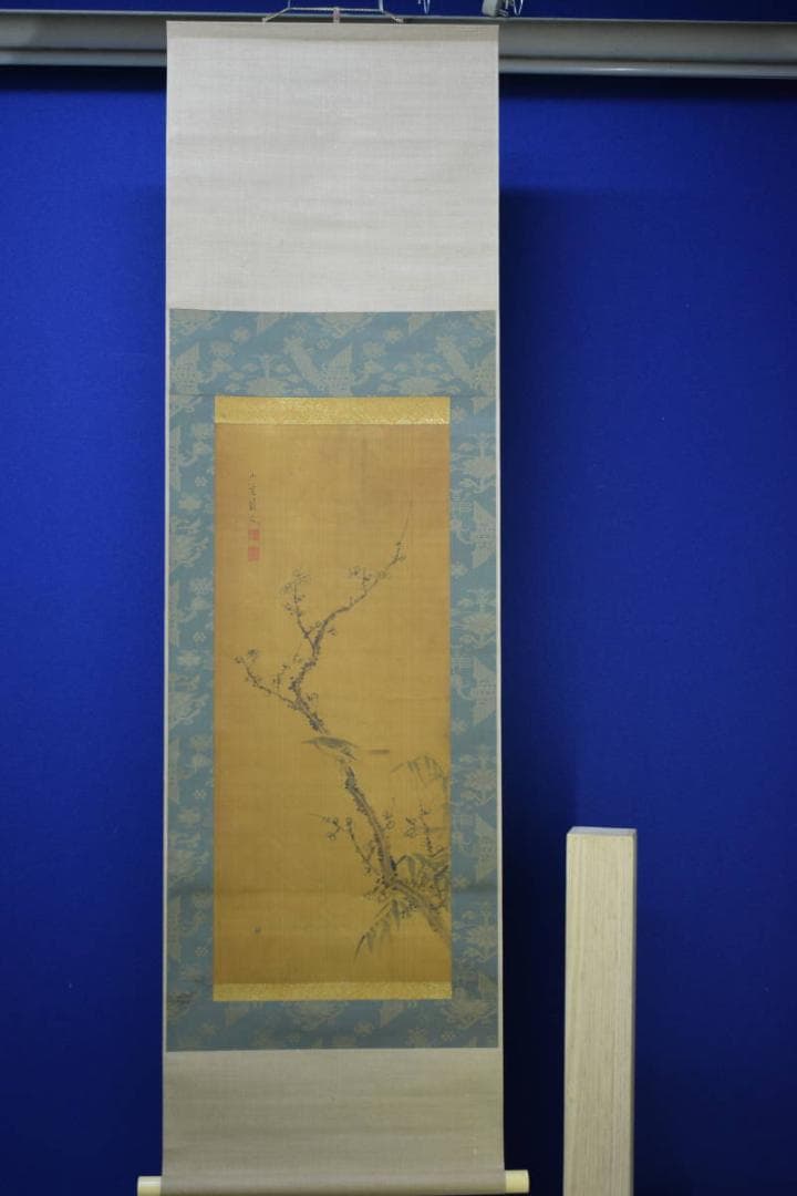 真作/田能村直入/小虎/梅に雀図/絹表装/布袋屋掛軸HG-81