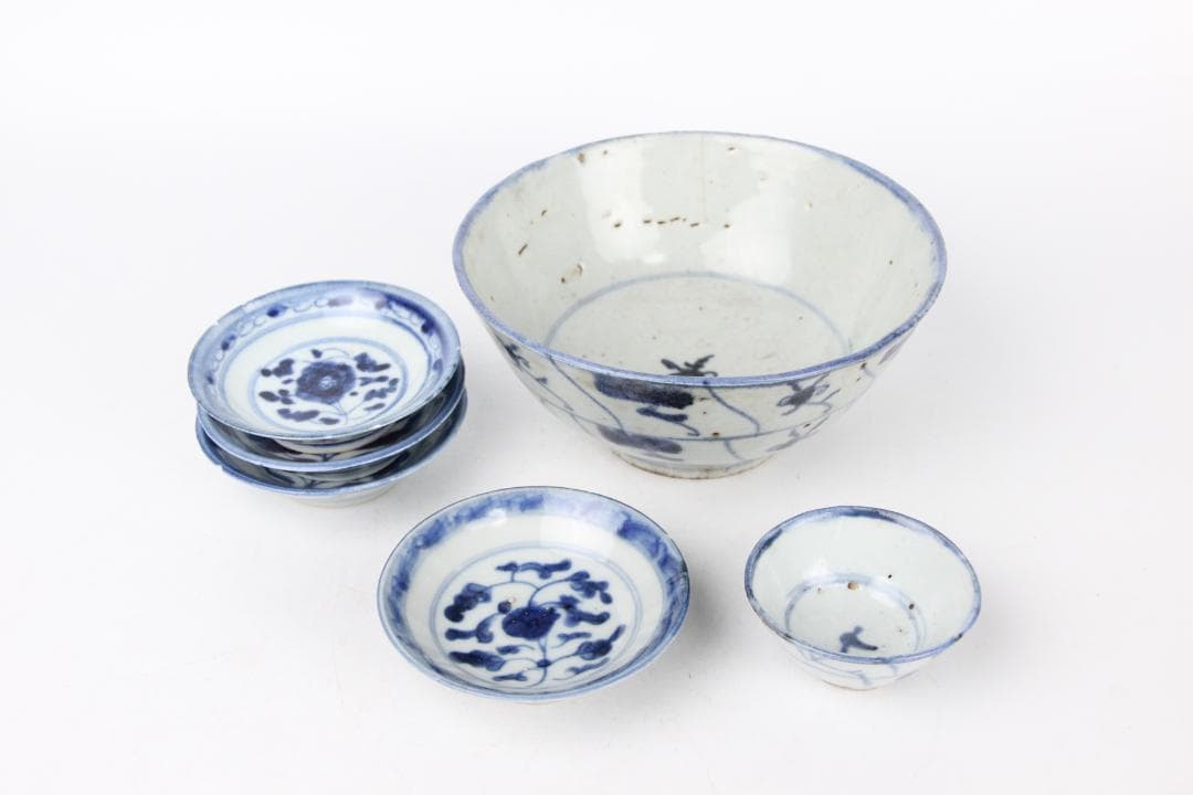 中国 安南 清時代 唐草紋樣青華染付 碗 盃　まとめ売6点 EY11-12