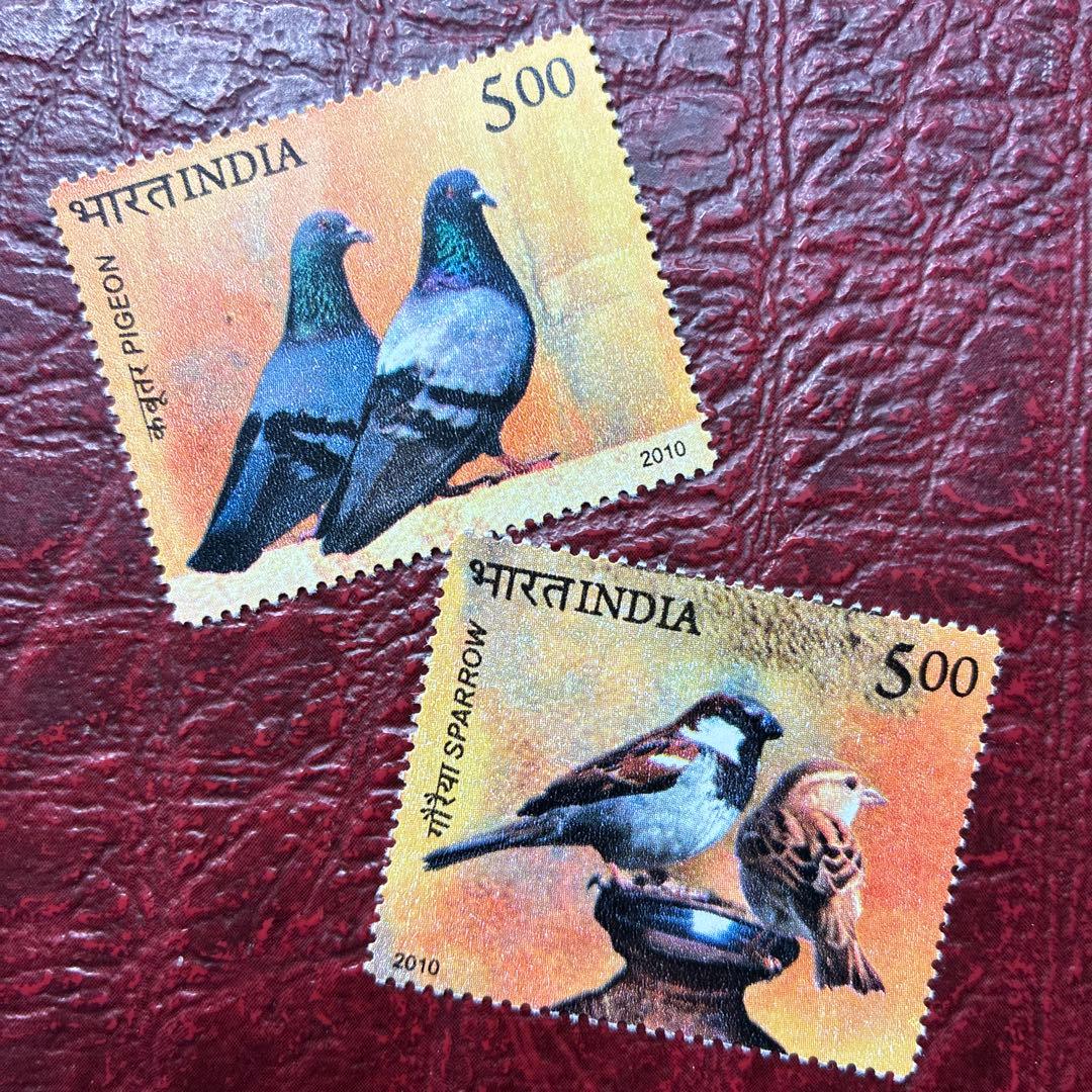 77175セール現品限　外国切手　インド発行鳩スズメ2種揃
