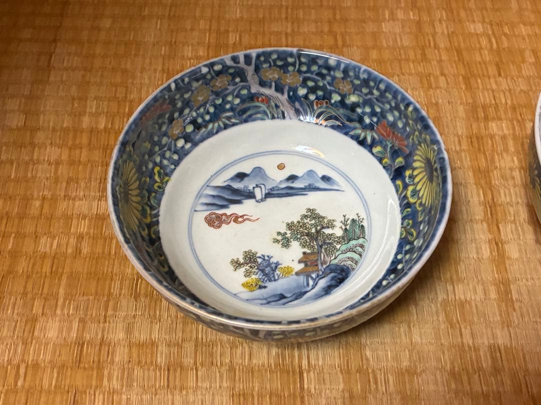 古伊万里 金彩 色絵 風景図 牡丹紋 深鉢 盛鉢 二点