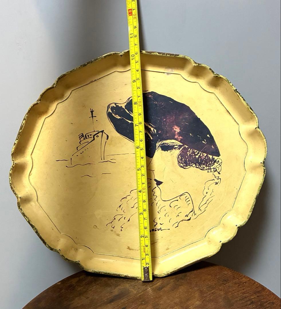 【shinobu】アンティークトレイ50年代　船と女性　金属製　横浜