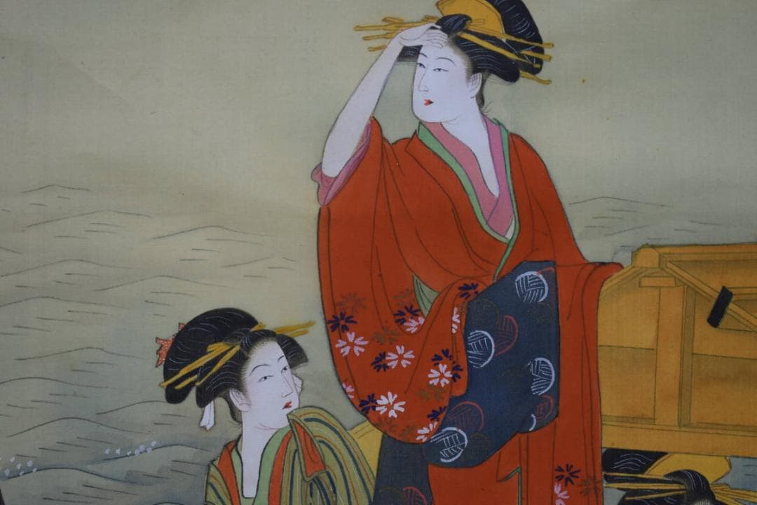 不詳/作者不詳/浮世絵美人画/舟遊図/布袋屋掛軸HH-614