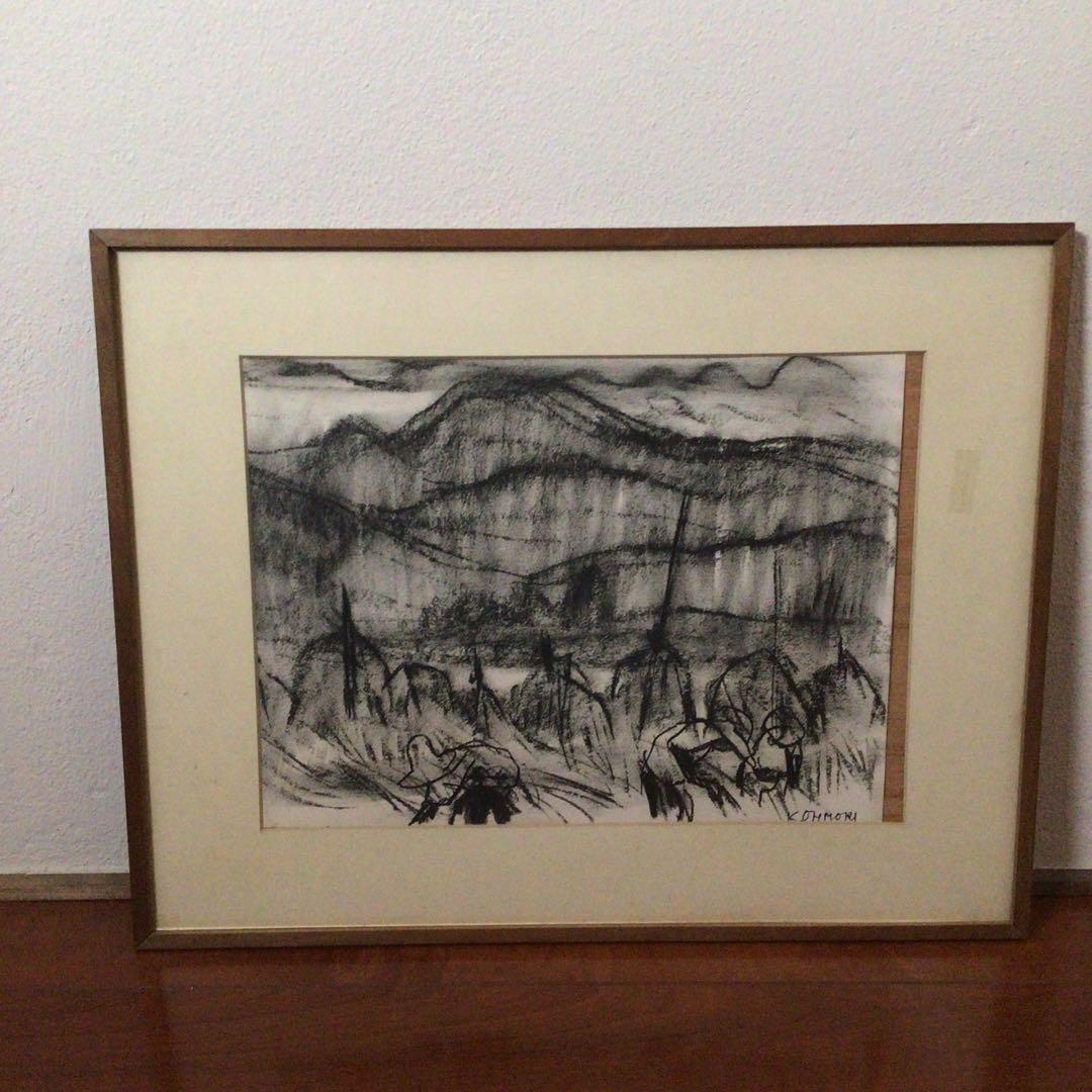 No2756 額装　大森運夫　「田植え」　共箱　創画会　日本画　古美術　送料無料