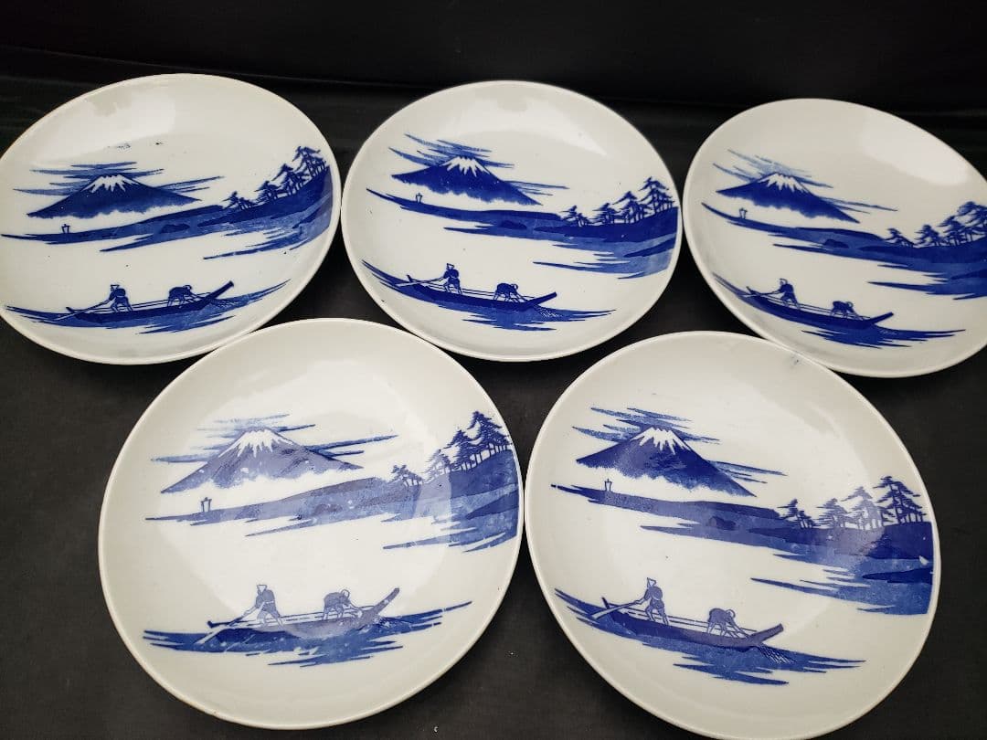 古伊万里　染付皿　5枚　富士山　三保の松原　アンティーク