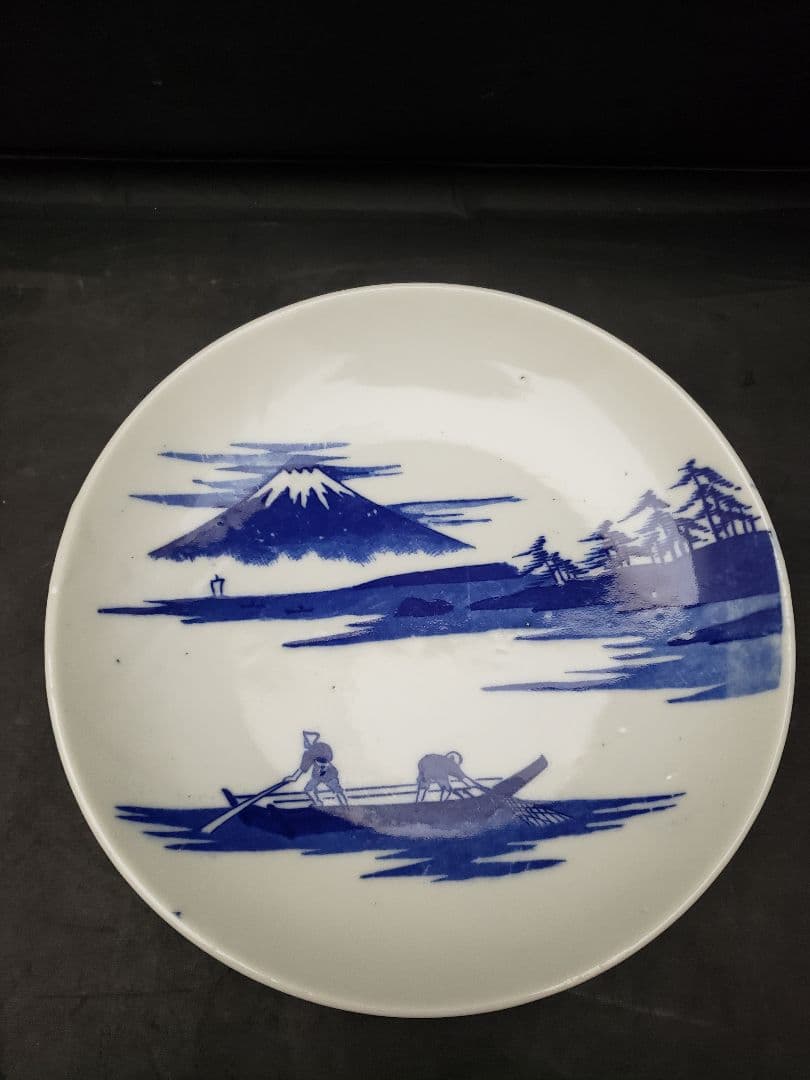 古伊万里　染付皿　5枚　富士山　三保の松原　アンティーク