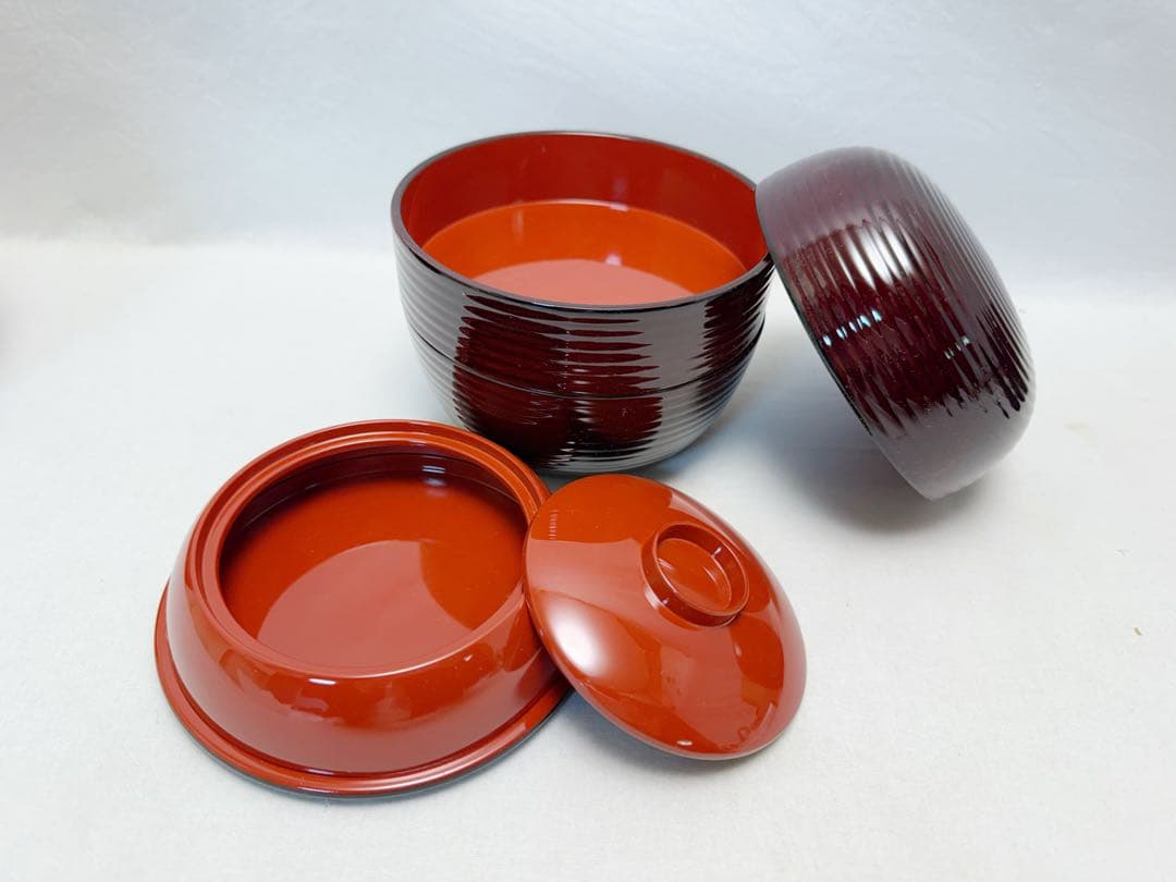 ほぼ未使用 茶道具 溜塗 内朱 信玄弁当 三段弁当箱 千筋 内朱 三客 紙箱