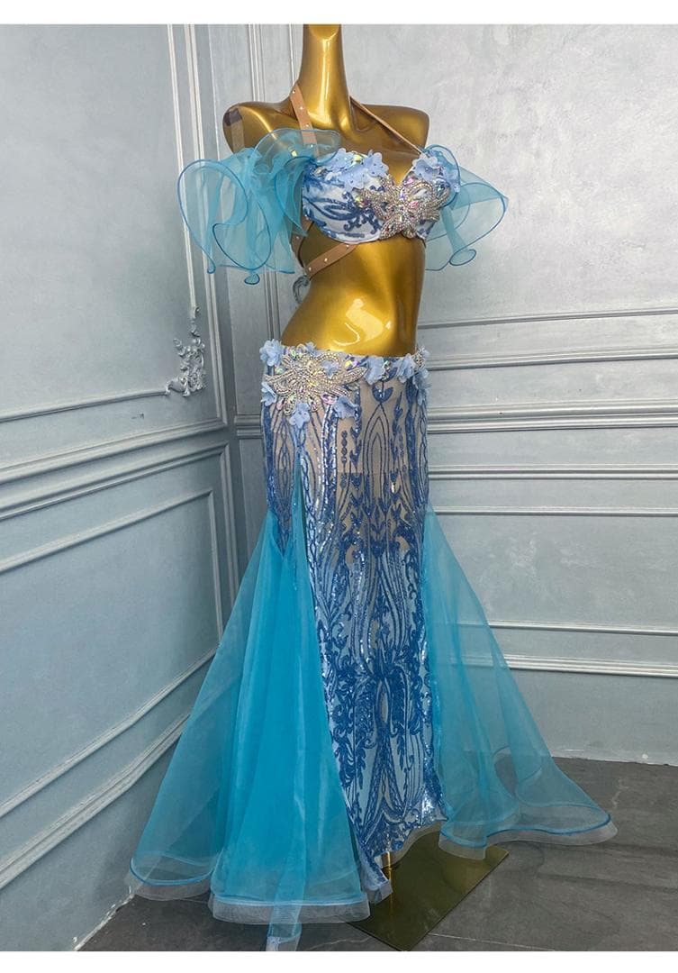 ベリーダンス衣装 ビジュー ブルー×パープル舞台用 ロングスカートセット