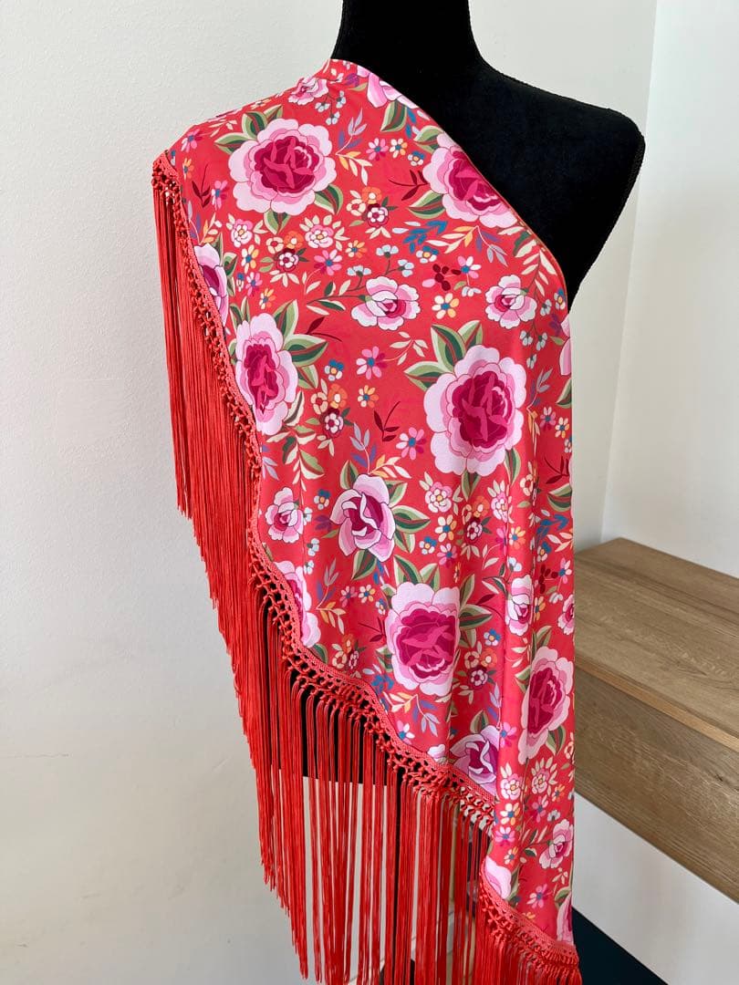 フラメンコ　マントンシージョ　コーラルxマントン風花柄　コーラルフレコ