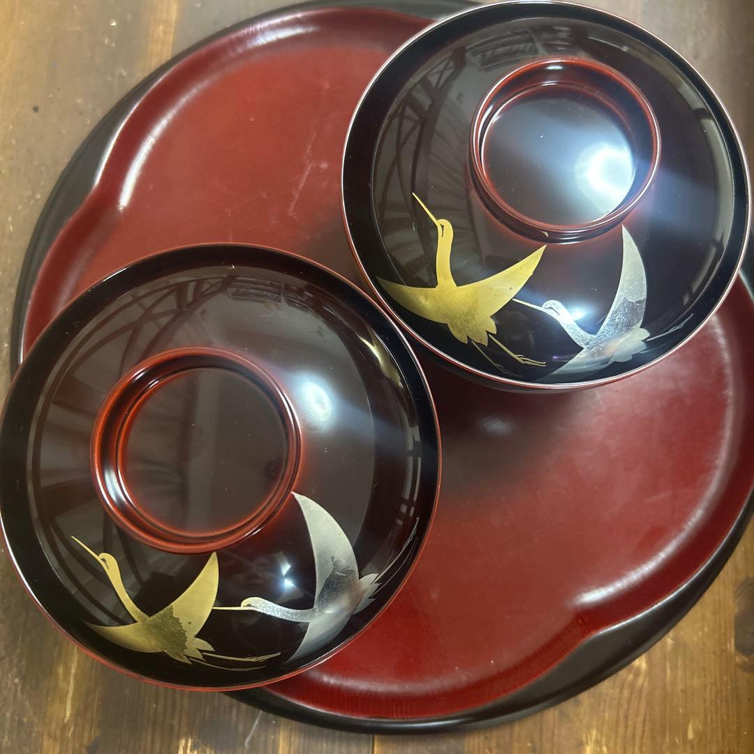 越前塗　千羽鶴雑煮椀 溜　蒔絵　本漆手塗り　ペア　箔鶴蒔絵　煮物椀　縁起物　お祝