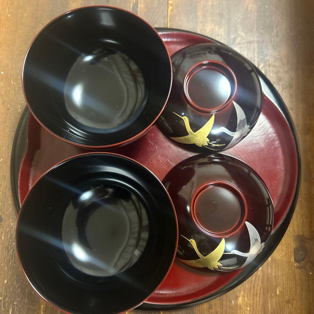 越前塗　千羽鶴雑煮椀 溜　蒔絵　本漆手塗り　ペア　箔鶴蒔絵　煮物椀　縁起物　お祝