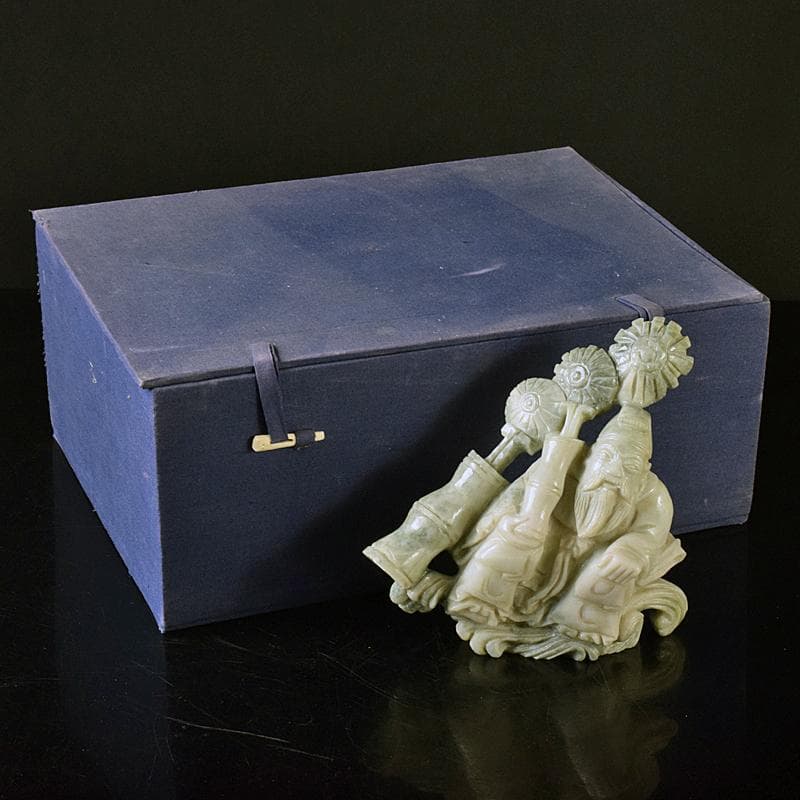 中国　玉石翡翠彫刻　福禄寿像　置物　約987g　M　R8336