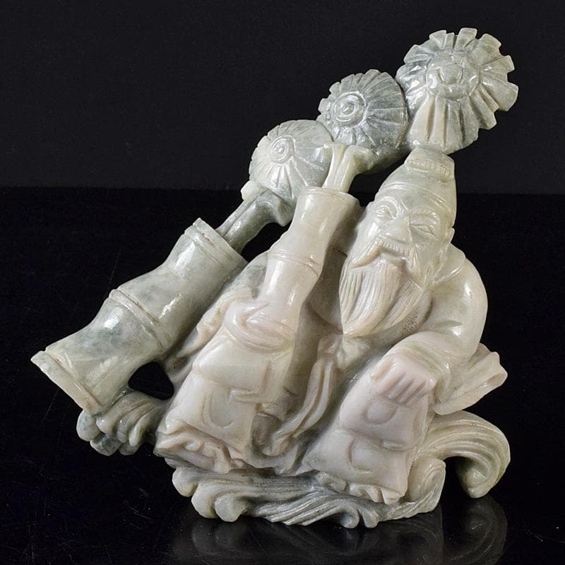 中国　玉石翡翠彫刻　福禄寿像　置物　約987g　M　R8336