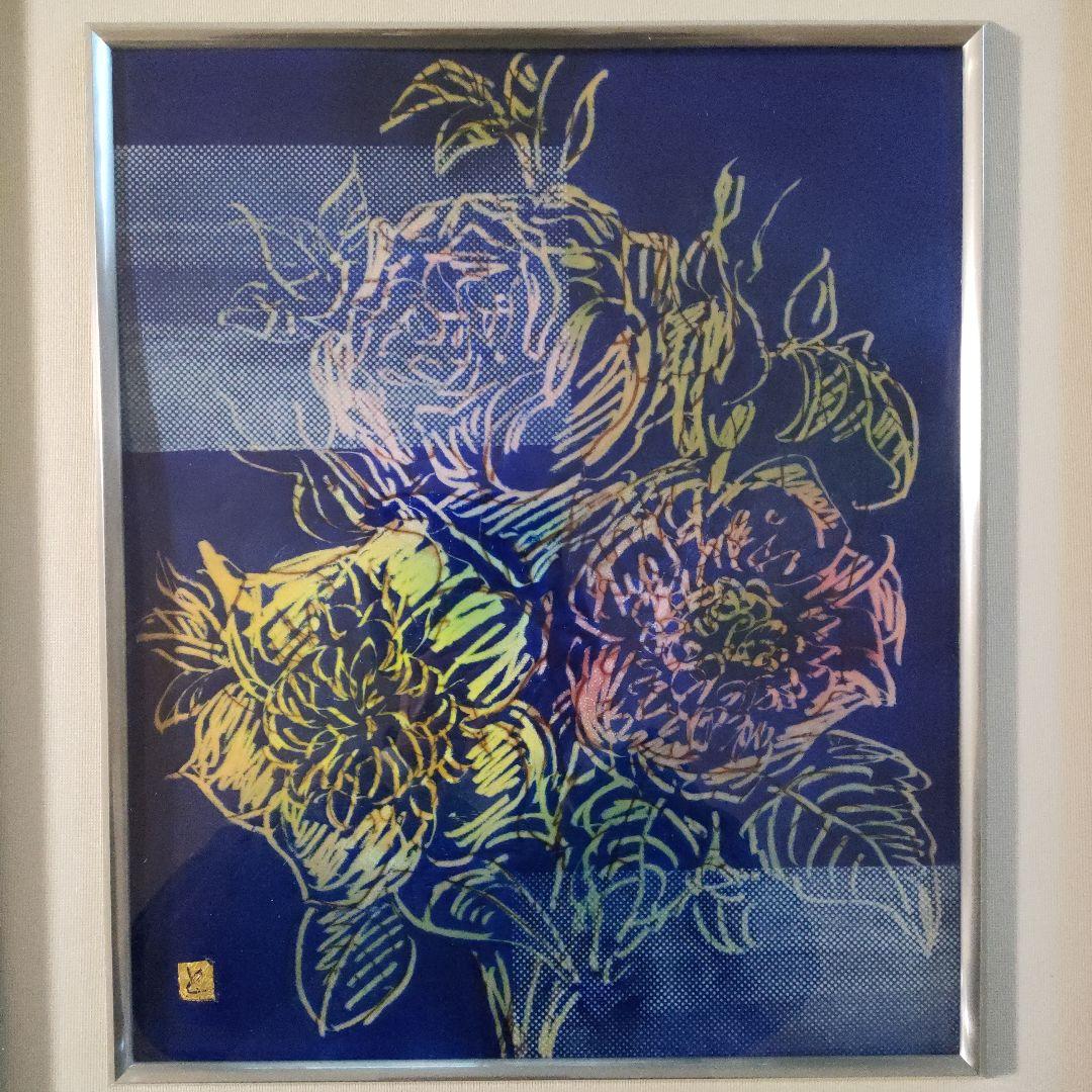 佐野登志子(日展七宝作家)　大判七宝焼『ルドゥーテの花による』額装、共シール付