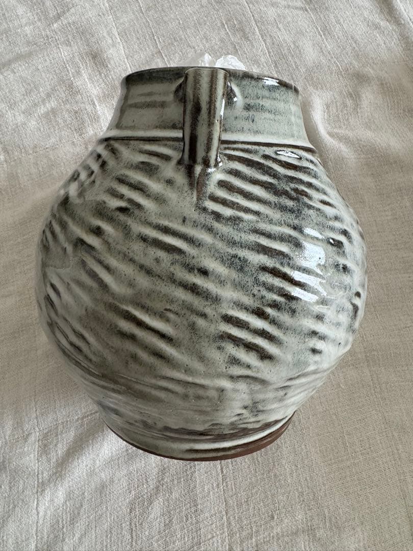 お値下げ　柴田雅章　丹波雅章　花瓶　糠釉紋押耳付壺　民芸