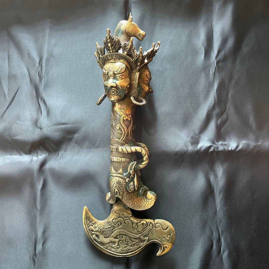 特大サイズ チベット密教法具 三面憤怒尊 カルタリ鉞斧曲刀 金剛