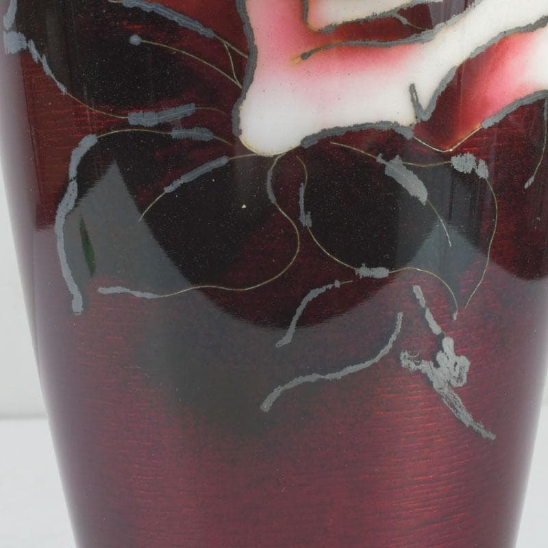 七宝焼　赤透釉　花文　花瓶　V　9900