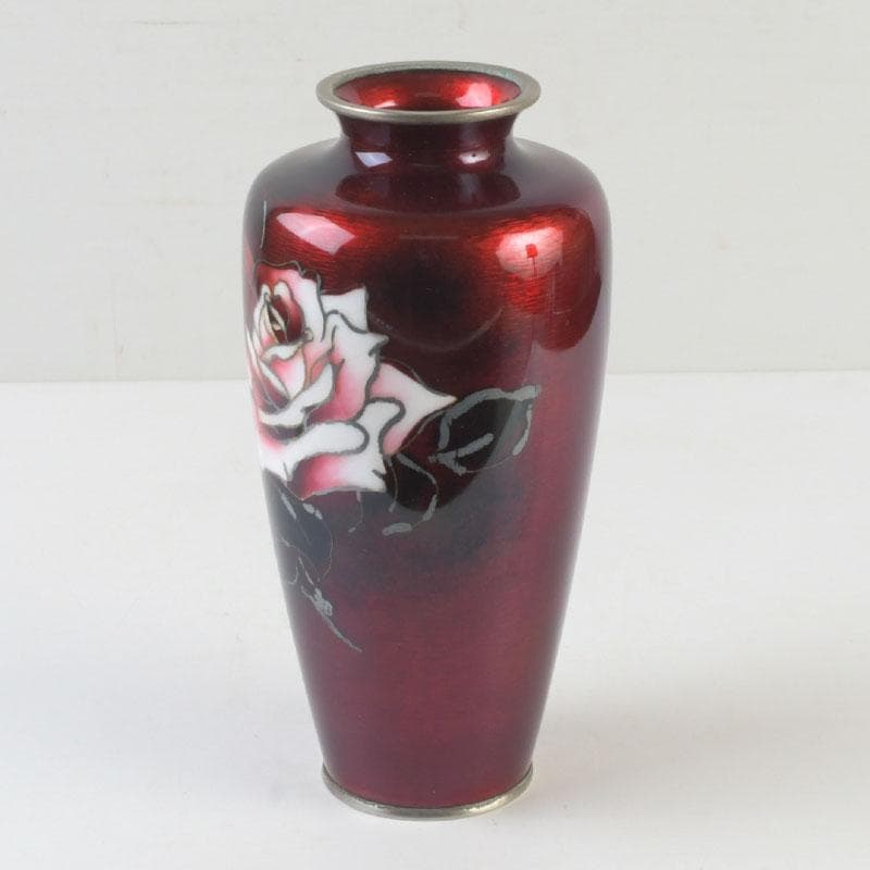 七宝焼　赤透釉　花文　花瓶　V　9900