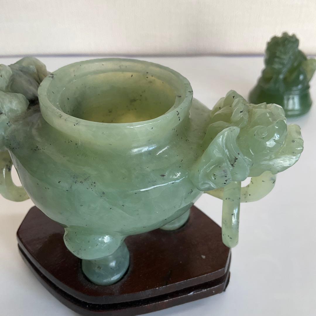 中国　碧玉環付獅子頭香炉