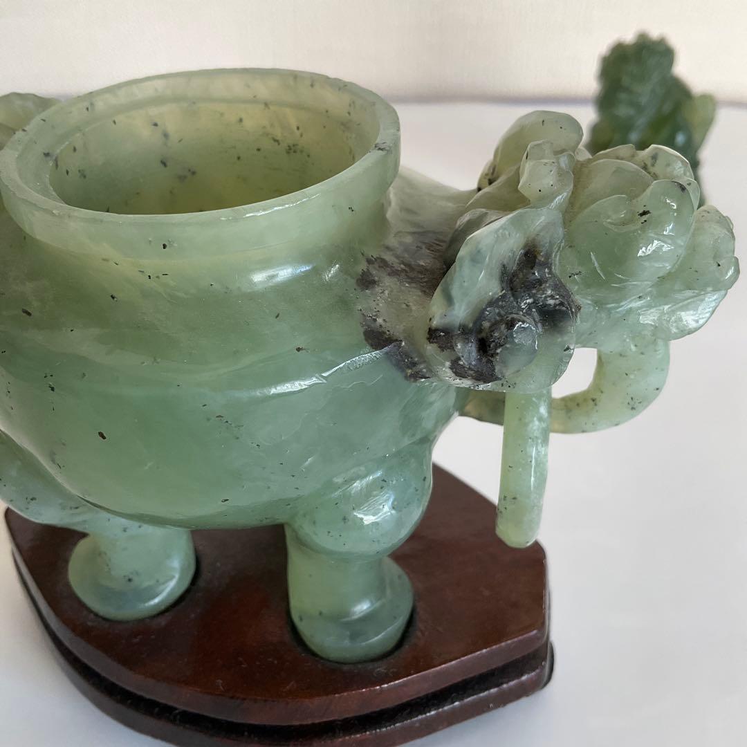 中国　碧玉環付獅子頭香炉