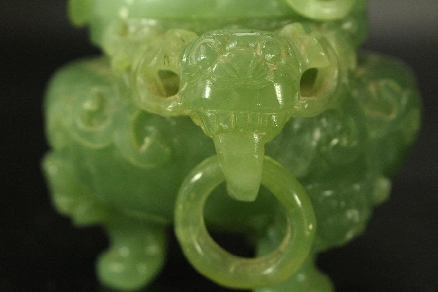 中国美術 玉石 緑石 香炉 台付(ZE497)