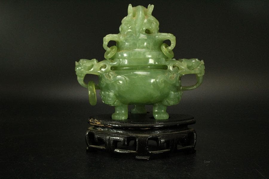 中国美術 玉石 緑石 香炉 台付(ZE497)