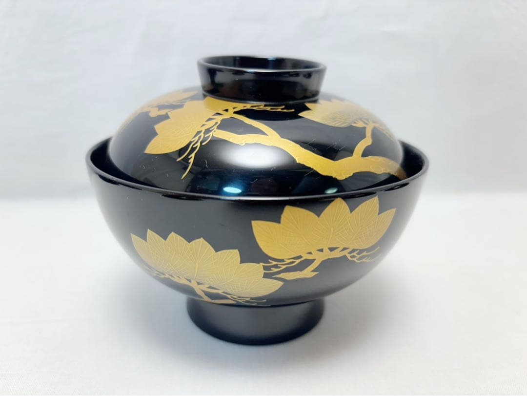 未使用 懐石道具 木製黒真塗り 本堅地 松蒔絵 吸物椀 5客揃え 和食器 共箱