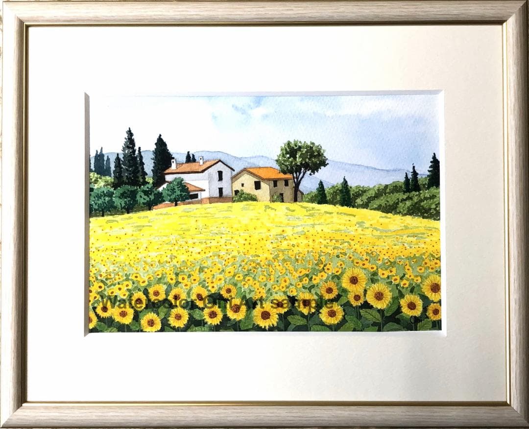 透明水彩画　原画　「ひまわりの丘06」額縁付　SMサイズ　風景画