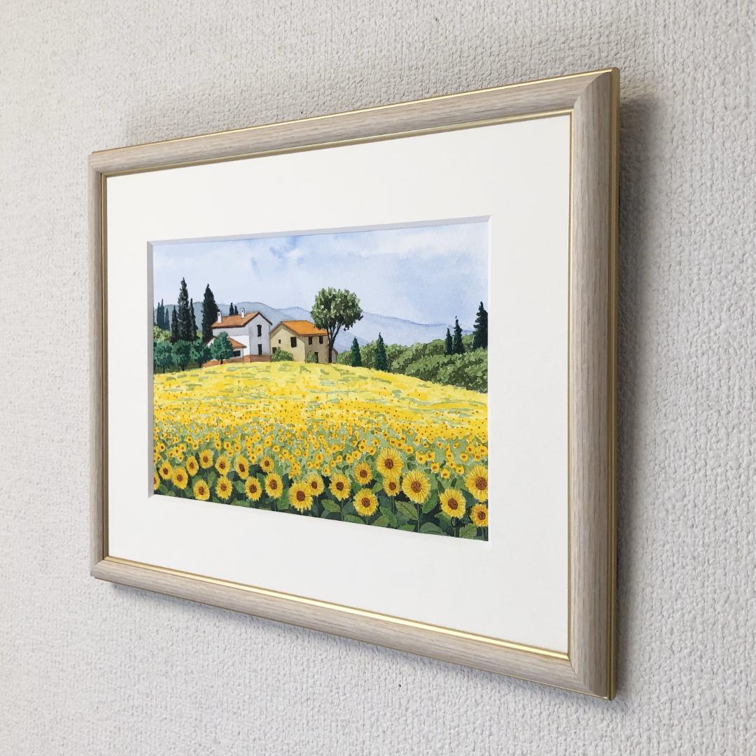透明水彩画　原画　「ひまわりの丘06」額縁付　SMサイズ　風景画