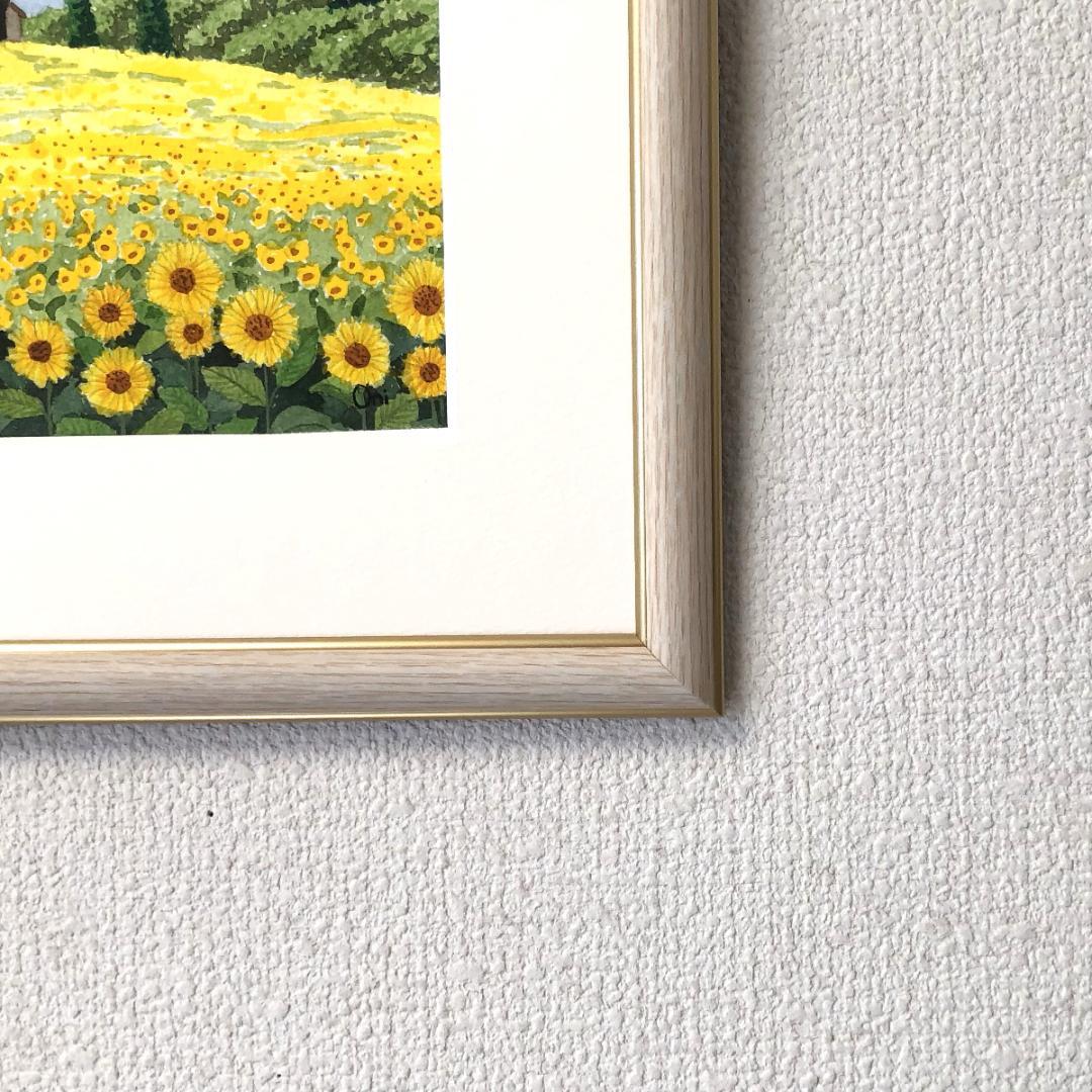 透明水彩画　原画　「ひまわりの丘06」額縁付　SMサイズ　風景画