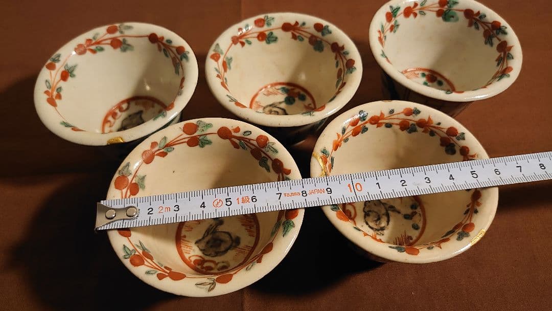 李朝　古玩　赤絵　古九谷　龍　うさぎの図　蔵出し 金継ぎ　５客