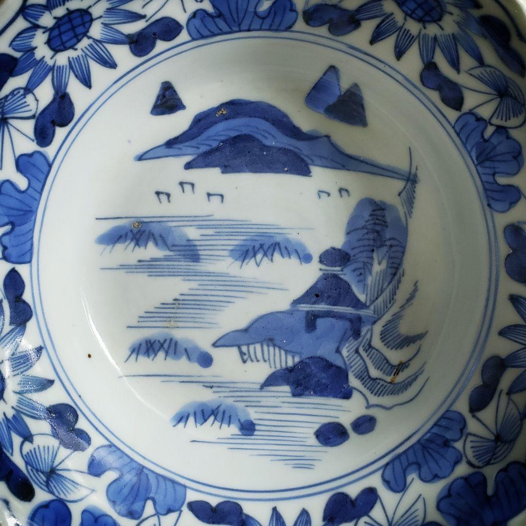 古伊万里　鉢　染付　山水図　草花蝶　唐草　花蝶模様　輪花　江戸　明治