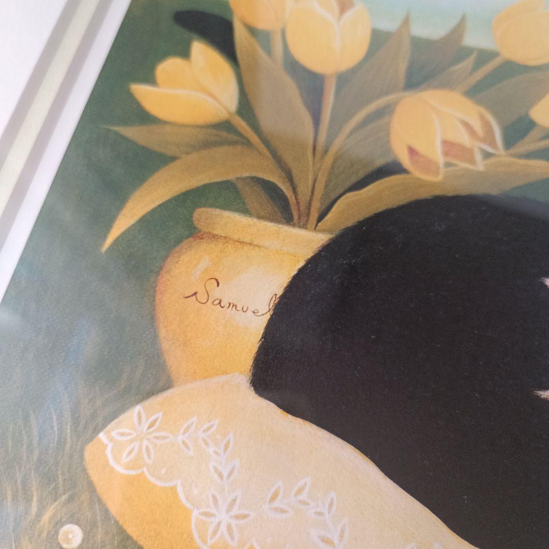 秋吉由紀子 「五月のレモンパイ」 版画 レトロ 猫 ネコ ハチワレ 美品