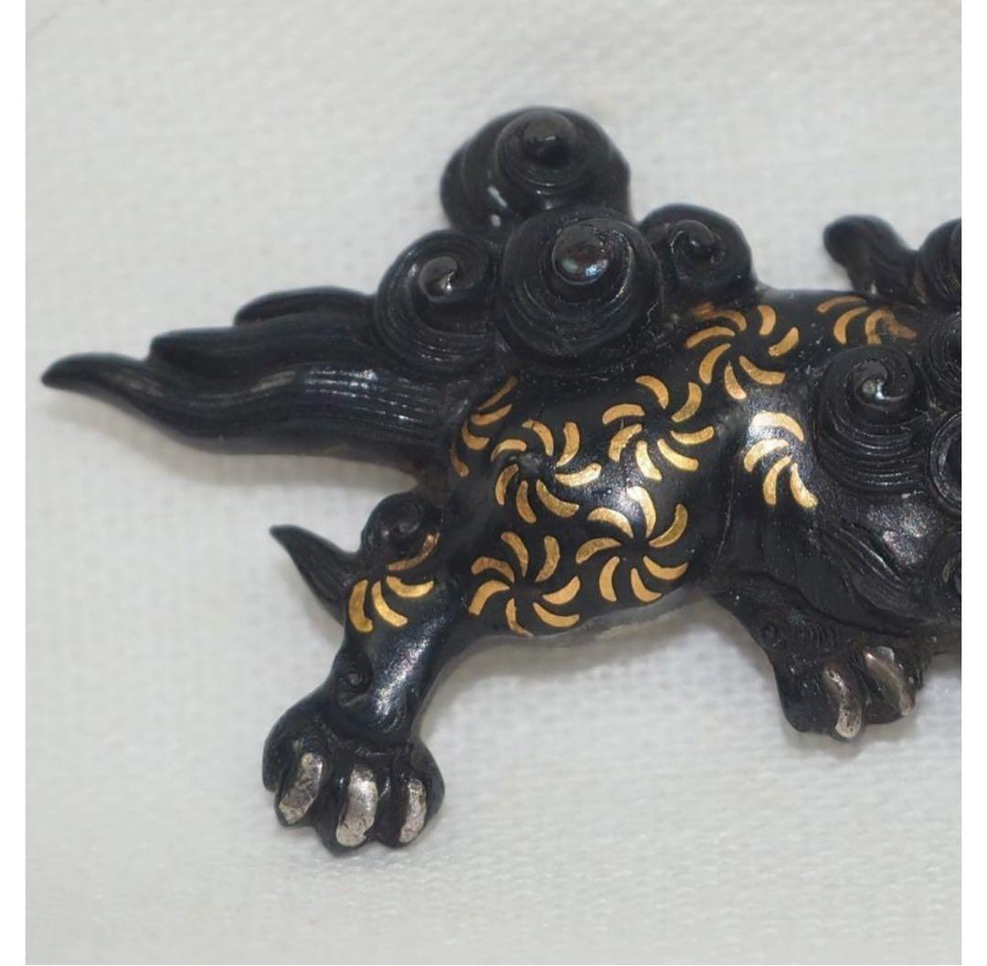 もひさ送料無料コレクター放出品江戸時代金銀象嵌獅子武士図目貫2点刀装具木箱