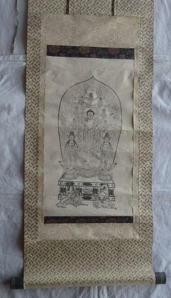 アンティーク 善光寺 一光三尊阿弥陀如来像 阿弥陀如来 観音菩薩 紙本 掛軸