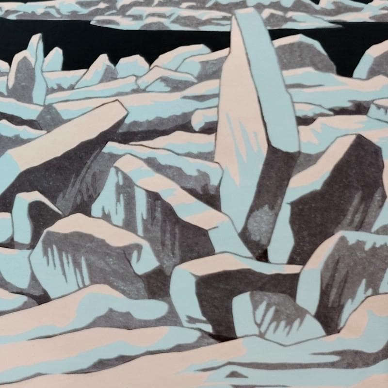 ☆ 大本 靖 ☆「流氷のオホーツク」木版画　小全紙　A.P　未使用額！