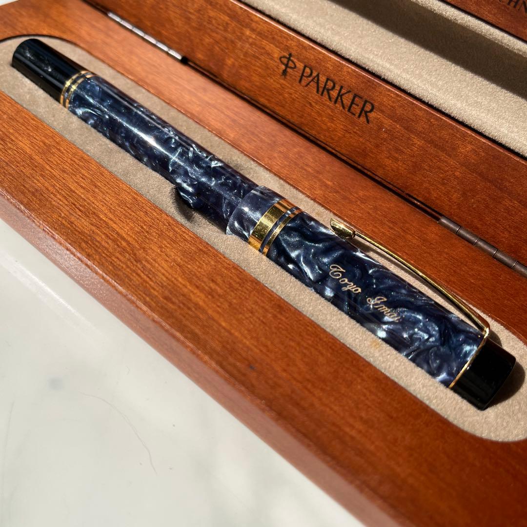 K18美品PARKER デュオフォールドネイビー マーブル万年筆 専用ケース付き