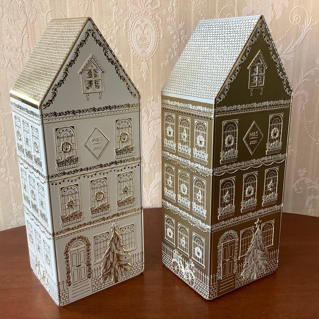 M&S クリスマス限定　ビスケット入　ライトアップ缶　金ホワイトセット