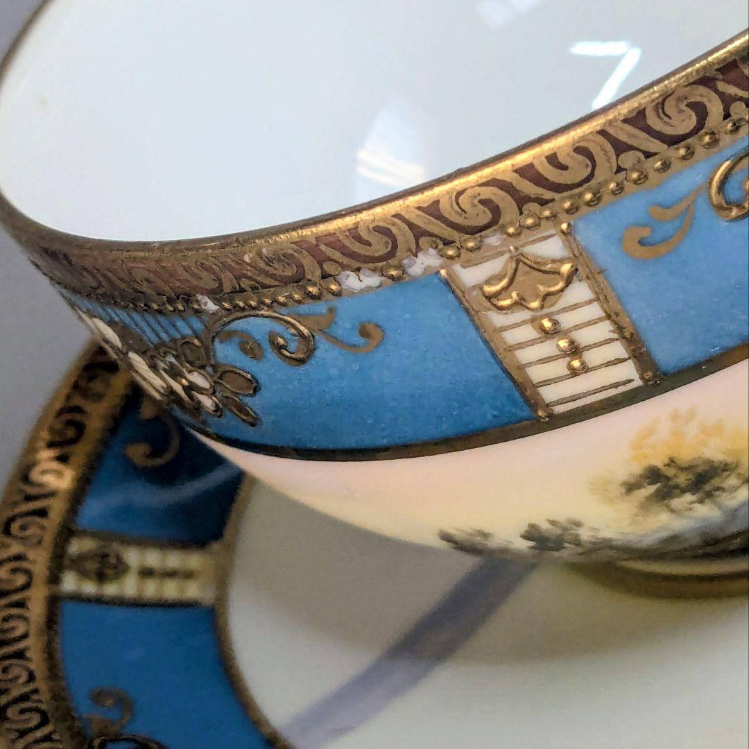 オールドノリタケ カップ＆ソーサー　金彩金盛上湖畔風景白鳥図 　　有名パターン