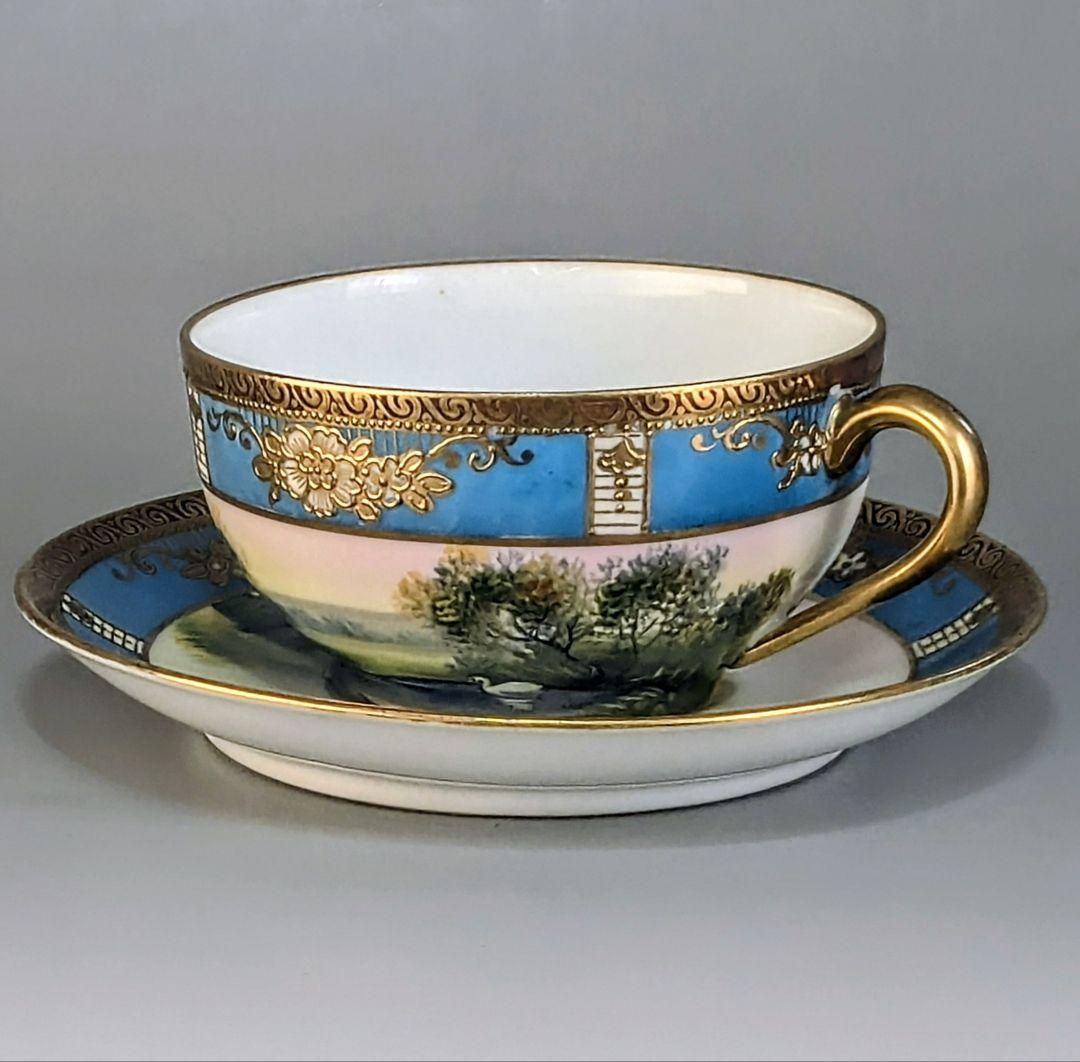 オールドノリタケ カップ＆ソーサー　金彩金盛上湖畔風景白鳥図 　　有名パターン