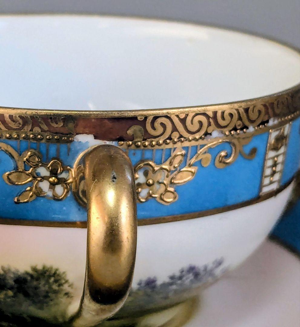 オールドノリタケ カップ＆ソーサー　金彩金盛上湖畔風景白鳥図 　　有名パターン